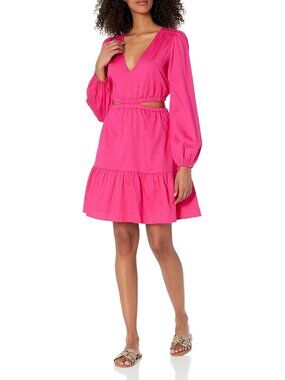 The Drop Sita Cut Out Dress Womens Size Medium Hot Pink Long-Sleeve Cotton NEW